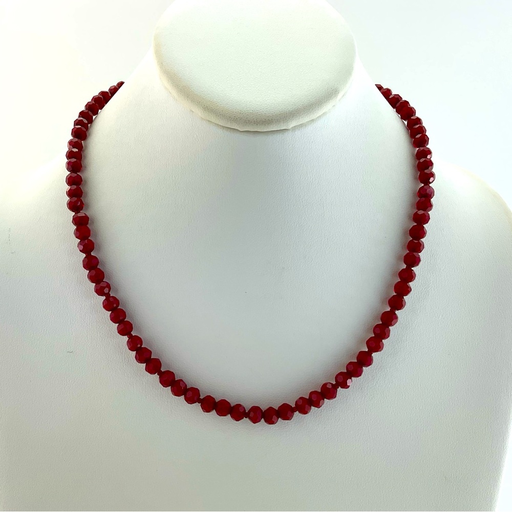 New Burgundy Crystal Necklace, Handmade, 18.5" Long, Faceted Glass, Holiday